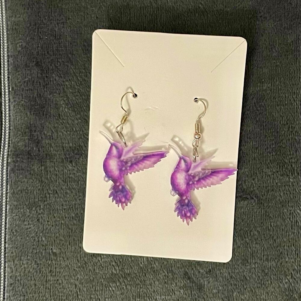 NEW Earrings Purple Hummingbirds Dangle Style Flat Acrylic Jewelry
